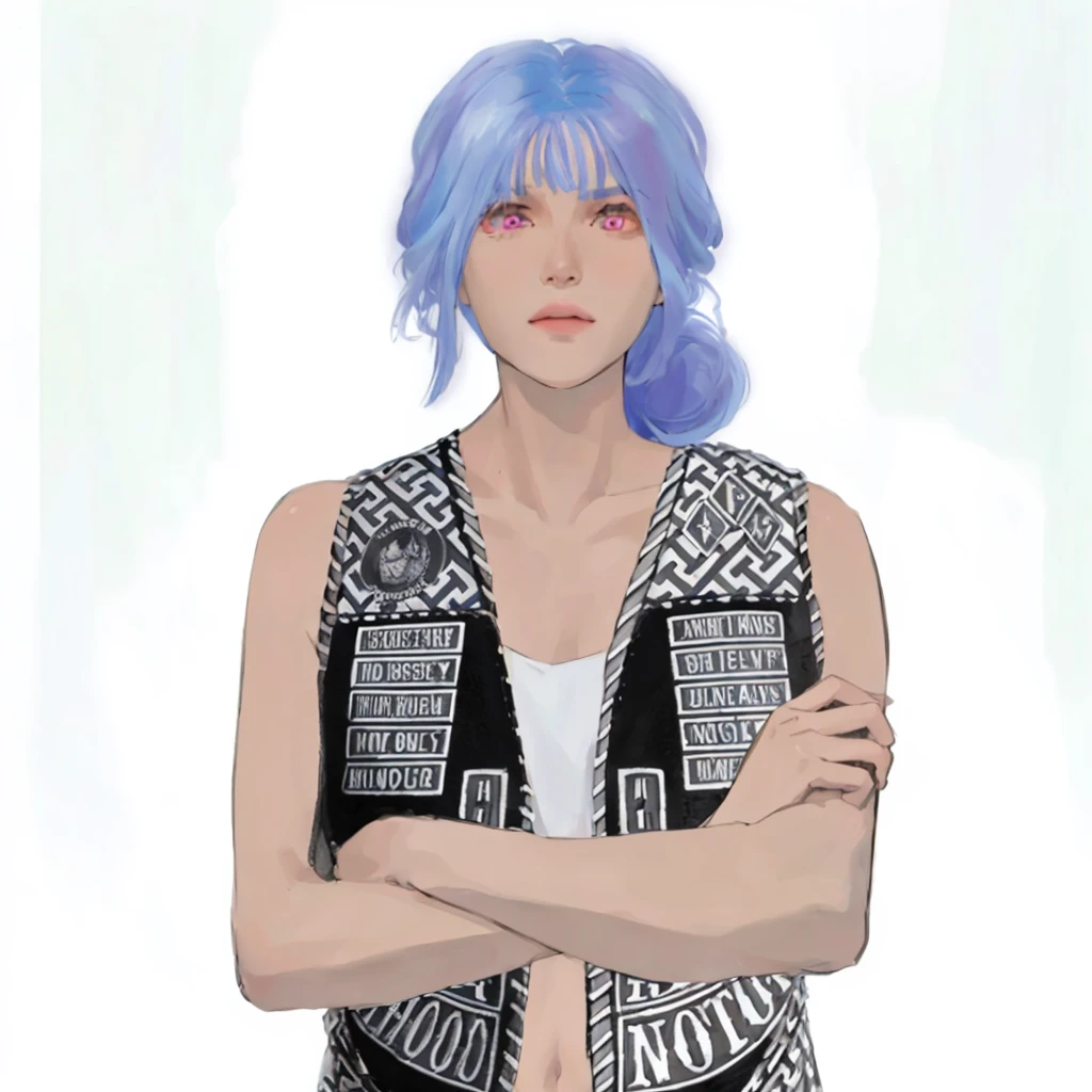 (masterpiece:1.2, best quality), (1girl, solo, upper body:1.2),flat face,Hair: buzz cut,Clothing: oversized, distressed denim jacket with patches and pins, paired with black skinny jeans and combat boots, Hanging out in an underground music venue or street art exhibit
