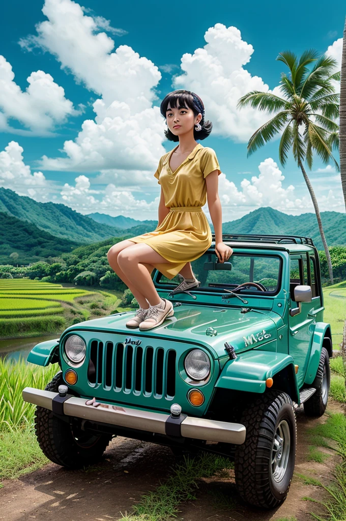 A heartwarming retro anime-inspired of a detail jeep willys with background beautiful tropical hill woods, distance rice field and coconut tree, style of Studio Ghibli and Hayao Miyazaki