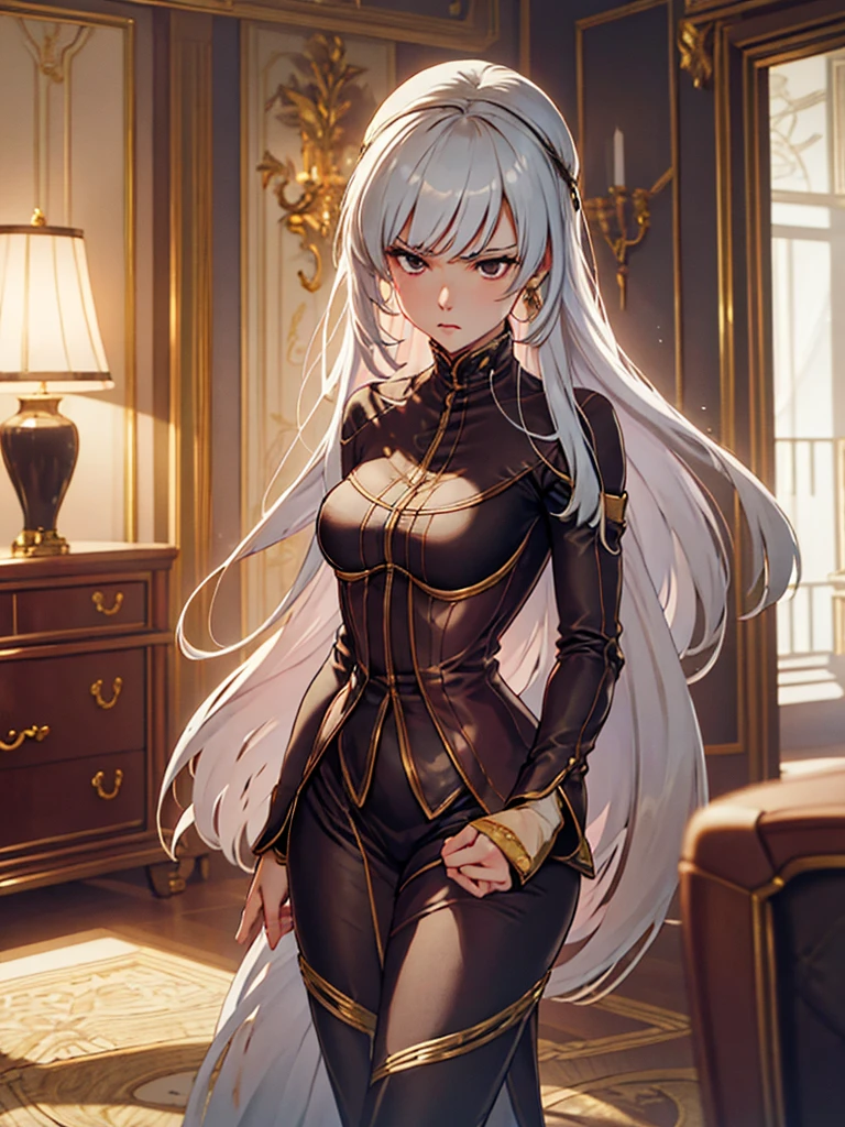 (​masterpiece、top-quality、hight resolution、Unity 8k Wallpaper、extremely details CG:1), A wealthy, gentle housewife is depicted in a luxurious room, clearly frustrated due to being deprived of her usual indulgences. Her expression shows a mix of annoyance and desire, and she is saying, "Oh, come on! How stingy!" Her usual air of nobility and composure is slightly diminished, revealing her frustration. She is dressed in high-quality, elegant clothing, but her demeanor and body language indicate her current dissatisfaction. The background of the room is opulent, with fine furniture and decor, but her focus is on her unmet desires, making her appear less composed than usual. nsfw