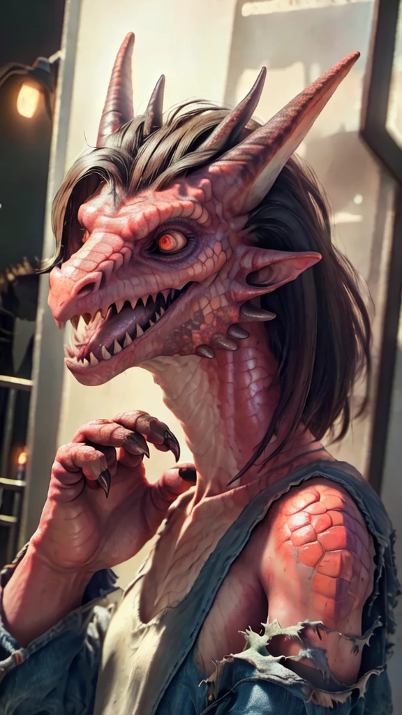 a beautiful girl with long brown hair, torn clothes, tattered clothes, human face, screaming in terror, standing on a street corner, (best quality,4k,8k,highres,masterpiece:1.2),ultra-detailed,(realistic,photorealistic,photo-realistic:1.37),award winning,transformation,magma dragon,dragon,intricate details,photorealistic,cinematic lighting,volumetric lighting,depth of field,beautiful face,striking pose,dynamic composition,vivid colors,warm tones