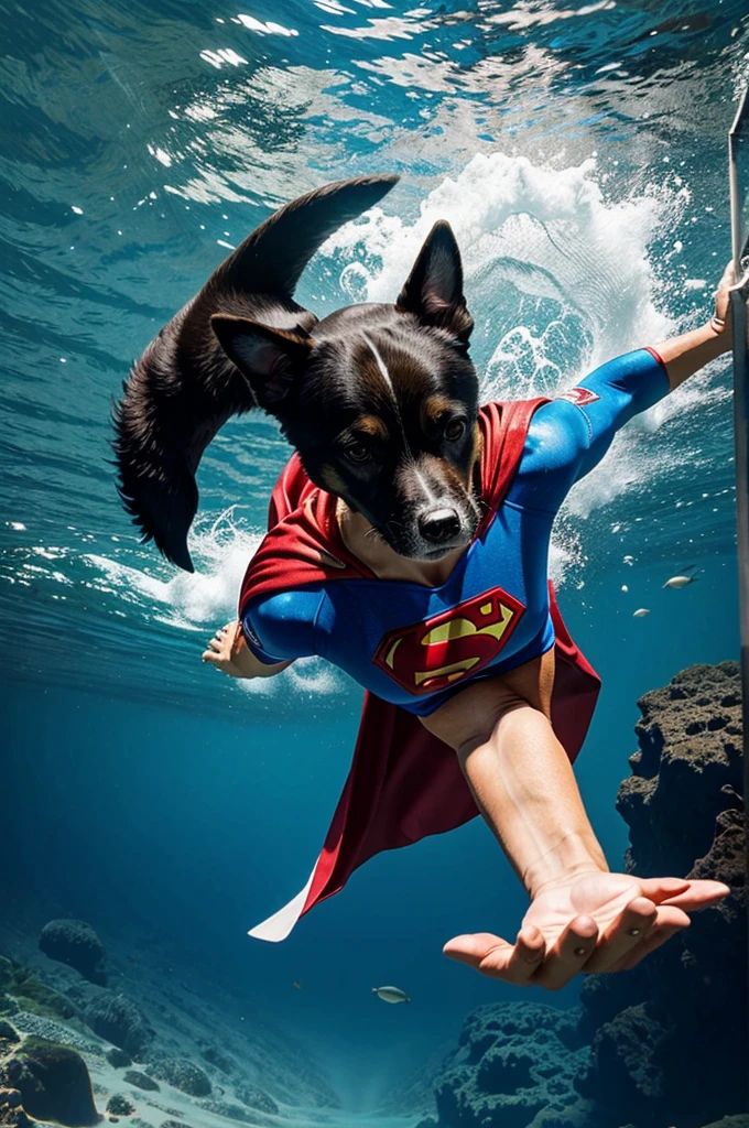 A dog superman diving under ocean to search a portal