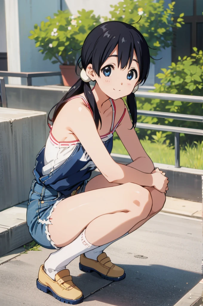  solo, 1girl, tamako kitashirakawa, , looking at viewer, smile, ,,outdoor,socks,camisole,denim shorts,squatting,open legs,spread legs,thigh