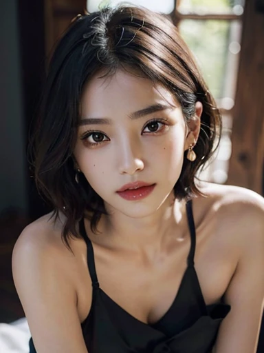 Absurd, RAW Photos, Very delicate and beautiful, masterpiece, Highest quality, Ultra-high resolution, 16K, Surreal, Super detailed, Highly detailed CG 8K wallpaper, Beautiful lighting, Perfect Lightning, Realistic Shadows, Perfect Anatomy, Highly detailed glossy skin, Perfect figure, Japanese women, Late 20s, Very slim figure, Tight waist, very small head, Handsome detailed woman, Highly detailed eyes and face, Realistic Face Proportions, Stunning eye for detail, Realistic beautiful face, Very small face, Realistic small beautiful eyes, double eyelid, compensate, Tearful mole, Mole on chest, Earrings, barefoot, beautiful and very thin legs, Beautiful and very slim thighs, Abdominal Peek, ((Very big round breasts)), (Full Body Shot), (short hair), Wavy Hair, ((secretary uniform)),