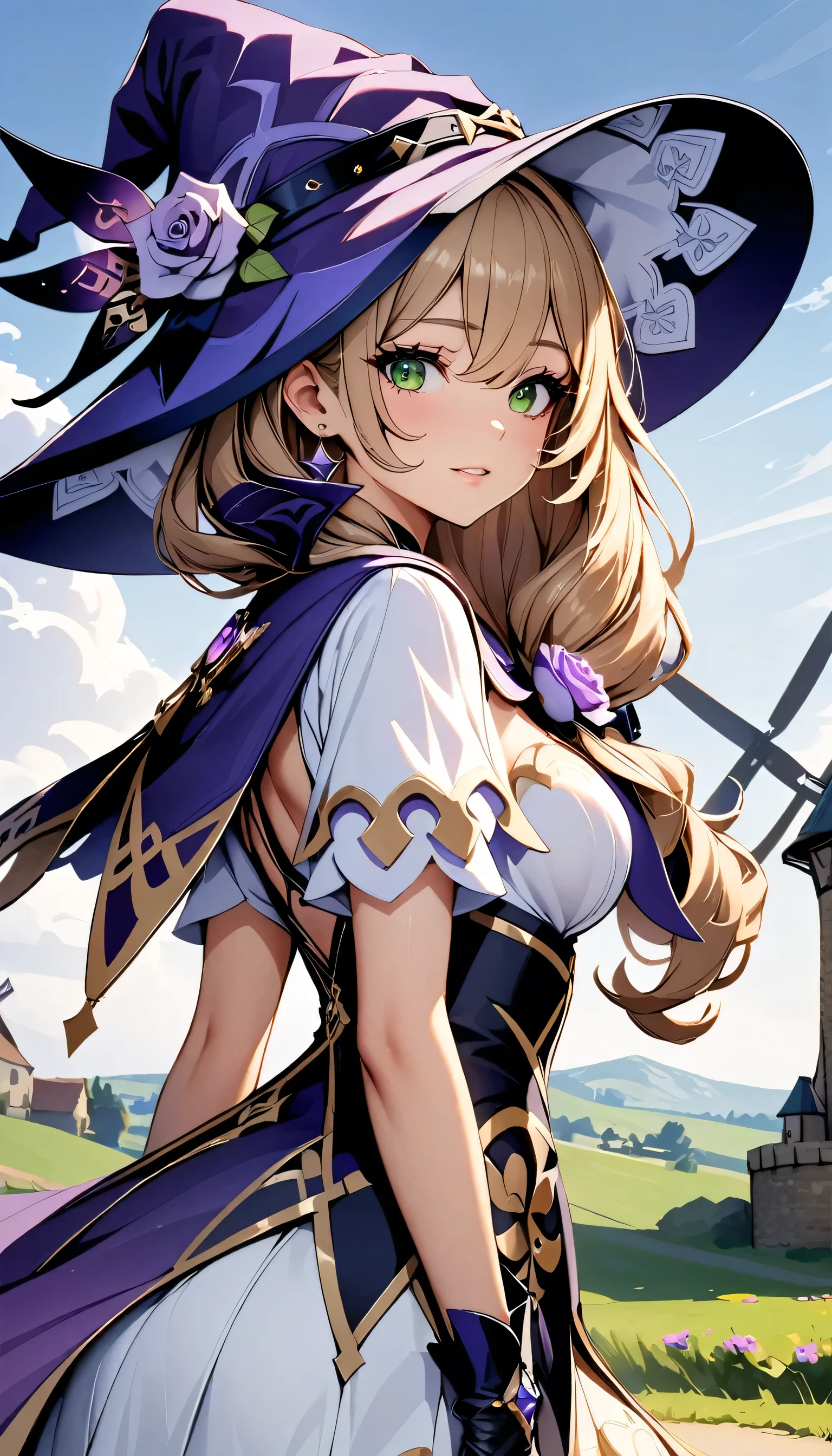 Beautiful girl, Perfect Face, Arms at your sides, masterpiece, Ultra-high resolution, high quality, 4K, Upper Body:1.5,  Lisa (Genshin Impact), urple witch hat, Green Eyes, Brown Hair,  bangs, dress, Rose, jewelry, witch, Capelet, Purple hat, Black gloves, Purple Flower, Hair between the eyes, purple Rose, Part your lips, purple Capelet, Hat Flower, multicolored dress, hair ornaments,  windmill, From the side,