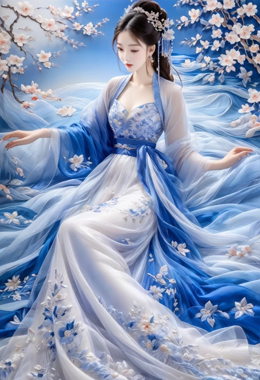 embroidery,Three-dimensional embroidery,(A picture of blue ornate Suzhou embroidery hangs on the wall),blue-white petals, Silk material embroidery, Inspired by Yao Jianping’s dream of Su embroidery works,translucent,abundant cleavage,painting on silk, alcohol ink art