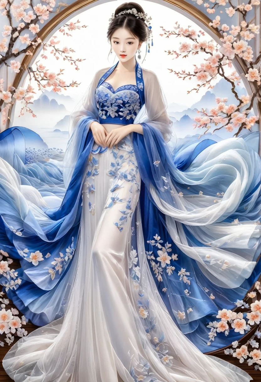 embroidery,Three-dimensional embroidery,(A picture of blue ornate Suzhou embroidery hangs on the wall),blue-white petals, Silk material embroidery, Inspired by Yao Jianping’s dream of Su embroidery works,translucent,abundant cleavage,painting on silk, alcohol ink art