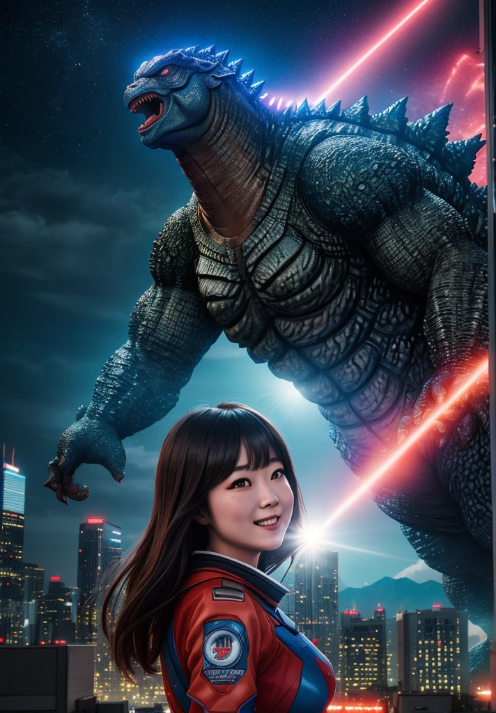 A godzilla holding a beautiful ultraman woman with a beautiful face, laugh in front of the city, bright and colorful light, realistic, very realistic, detail, extremely detail, photography, cinematic, UHD 8k