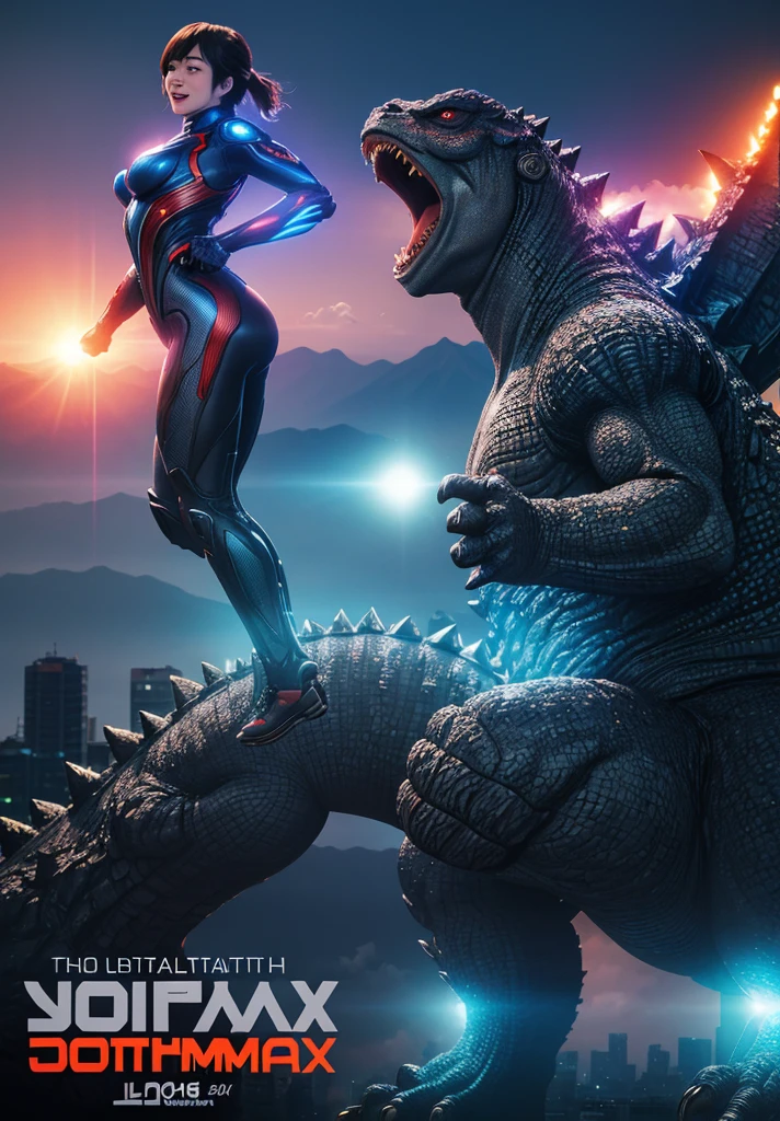 A godzilla holding a beautiful ultraman woman with a beautiful face, laugh in front of the city, bright and colorful light, realistic, very realistic, detail, extremely detail, photography, cinematic, UHD 8k