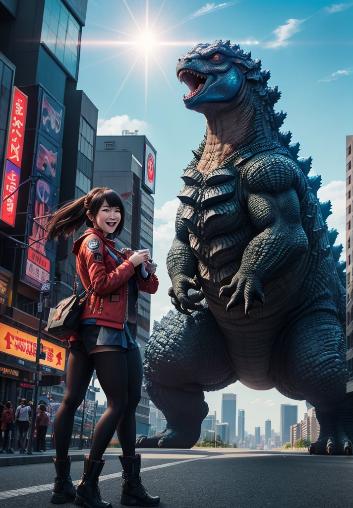 A godzilla holding a beautiful ultraman woman with a beautiful face, laugh in front of the city, bright and colorful light, realistic, very realistic, detail, extremely detail, photography, cinematic, UHD 8k