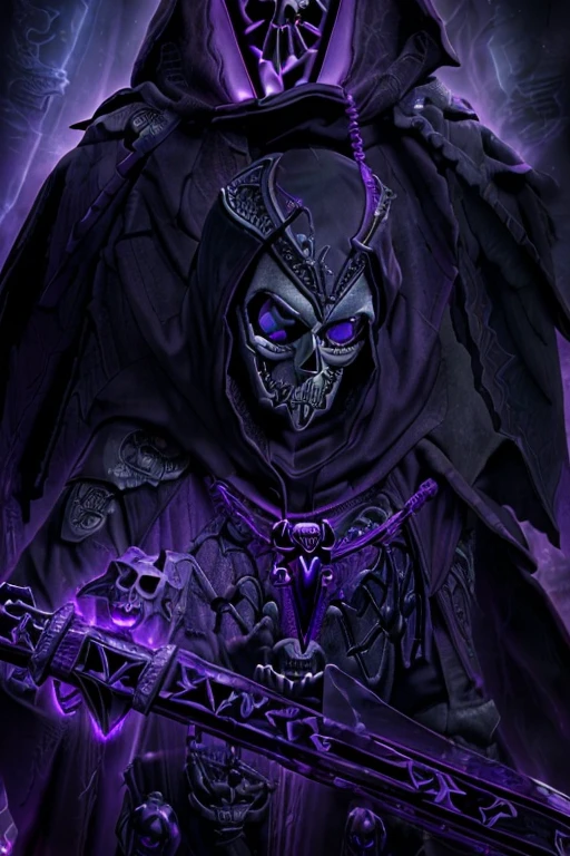 ((playing with a raven:1.4)).((dynamic:1.3)).skeleton with purple lights in eye sockets.(realistic illustration:1.3),((dark fantasy:1.4)).((male:1.4)) ((black skull face:1.4)), ((Hooded)) (shadow) ((wraith)) in ((heavy obsidian armor)), tall, imposing, (glowing violet eyes:1.2), ((cross pendant:1.4)). brandishing black ((great sword)) in purple flames. masterpiece