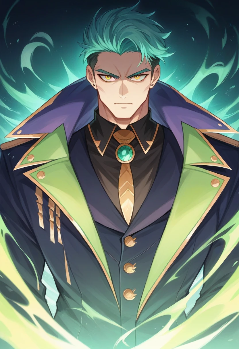 In an ultra-wide frame, Artgem's lens captures a handsome man wearing a striking mix of contemporary streetwear and rap jacket, his eyes shining a bright green-yellow. the unique mix of colors, shimmering under an eerily artificial backdrop, creates a charming contrast. This minimalist fashion statement unfolds amidst swirling abstract patterns reminiscent of an eerie underworld, evoking a sense of mystery and unease. The images, presented in high resolution and vivid detail, reflect the raw energy and urban style of modern fashion, a testament to the limitless possibilities of creative expression.