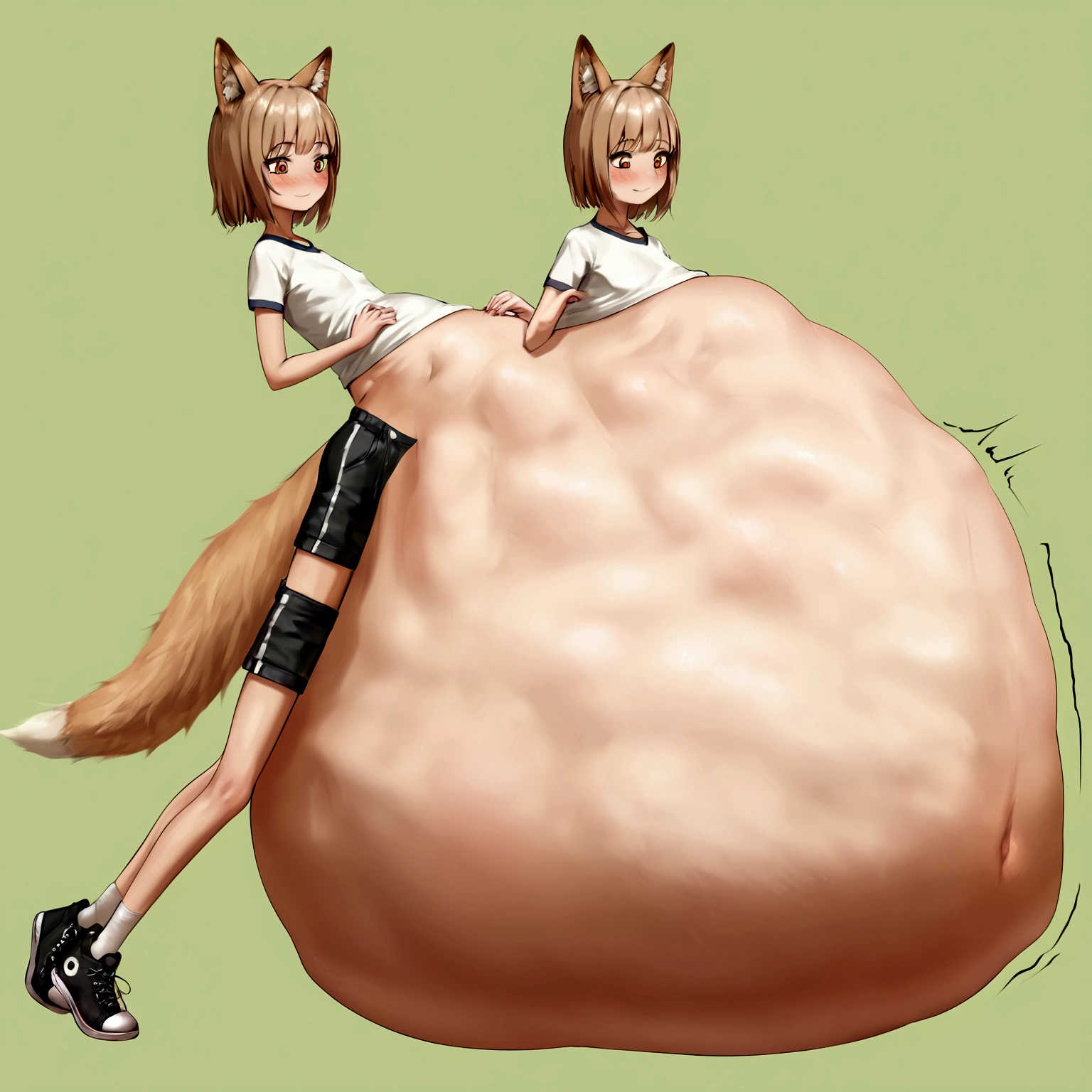 1girl, alone, solo, large head, short stature, flat chests, skinny, thin body skinny body, skinny limbs, skinny arms, skinny legs, small breasts, small butt, full body, long shot, wide shot, very long shot, very wide shot, side view, perfect side view, perfect body, perfect limbs, perfect arms, perfect hands, 5 fingers, perfect legs, best quality, ultra detailed, high quality, highly detailed, 8k, 16k, masterpiece, perfect anatomy, good anatomy, cute, kawaii, blushing, detailed face, fixed face, detailed fingers, light brown hair, orange eyes, short hair, fox girl, light brown fox ears, tail, one light brown fox tail, perfect fox ears, perfect fox tail, white t shirt, short sleeves, black shorts, perfect shorts, white crew socks, black sneakers, perfect sneakers, detailed sneakers, bare belly, midriff, perfect belly, huge belly, hyper belly, gigantic belly, massive belly, enormous belly, big belly, giant belly, person inside belly vore, vore, source_anime, (score_9,score_8_up,score_7_up,), very aesthetic, multiple people inside belly, multiple preys, (vore belly), (lying on belly:1.2), legs, laying on the belly, laying down