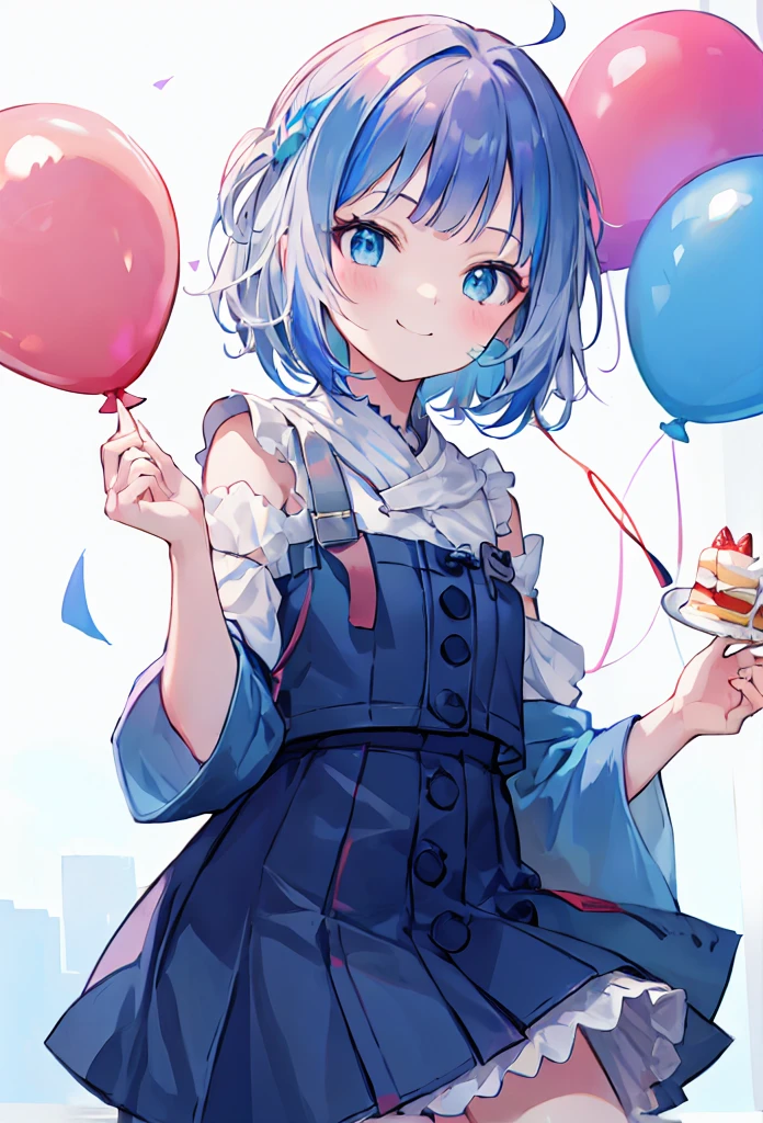 Blue Hair、short hair、Eating cake、Celebrating、Balloons in the background、One smiling girl