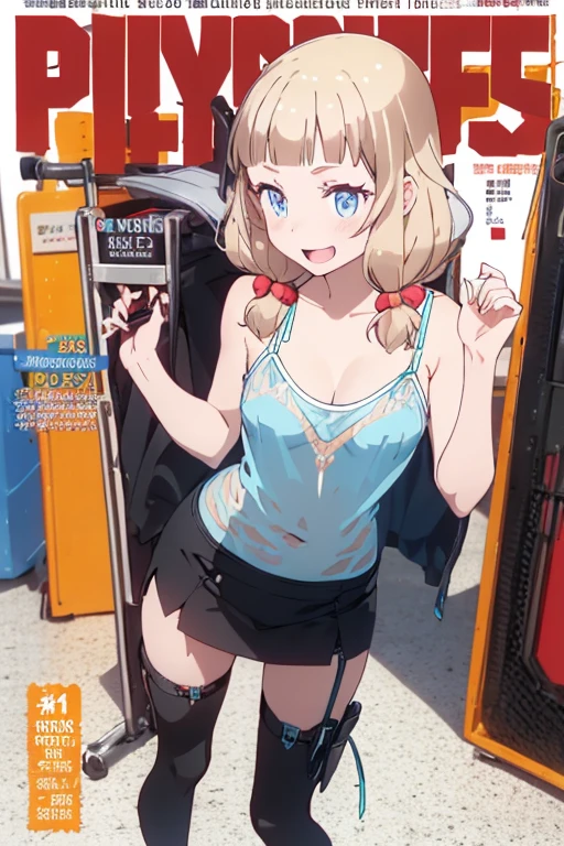 (small breasts:1.2), (perky chest:1.2), (pointed chest:1.2), (Pudding cake magazine cover:1.3),(from above:1.0),(shoot from the side:1.1),masterpiece, 1girl, Amazing Cleavage:1.1, thin waist, optimum,tmasterpiece,hight resolution,best qualtiy,hyper HD,super detailing,awardwinning,a 18yo cute girl,(The upper part of the body),anatomy correct,Beautiful Black miniskirt,garters,Gaze,Small face,bangss,holster,Beautuful Women,hands up,leg holster,Gaze,black boots,Cowboy Shot,cute face,a blond,Longhaire,Twin-tailed,Braids, Hairline,（scarlet eyes）,long eyelasher,Hanging eye corners,White skin of the, ((see through camisole:1.1)), ((Sheer nipples:1.0)),Rocket Tits,(Slim body),smile,seductive weak smiling,(with sparkling eyes and a contagious smile),little open mouth, Looking at Viewer,

