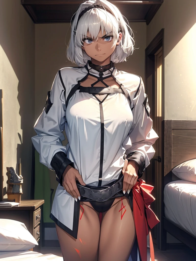 (masterpiece、top-quality、hight resolution、Unity 8k Wallpaper、extremely details CG:1), In a dimly lit hotel room, a man sits on the edge of the bed, looking shocked and uncomfortable. Standing in front of him is a woman dressed as an escort, who he quickly recognizes as the delinquent girl who used to bully him in school. Her expression is a mix of surprise and amusement as she realizes who he is. She stands with one hand on her hip and a teasing smile on her face, clearly enjoying his discomfort. The room is simple, with a bed, nightstand, and dim lighting, creating an intimate yet tense atmosphere. The focus is on their facial expressions and body language, highlighting the awkward and unexpected reunion. nsfw