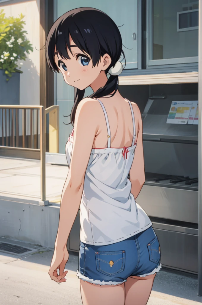  solo, 1girl, tamako kitashirakawa, , looking at viewer, smile, ,,outdoor,socks,camisole,denim shorts,ass,from back