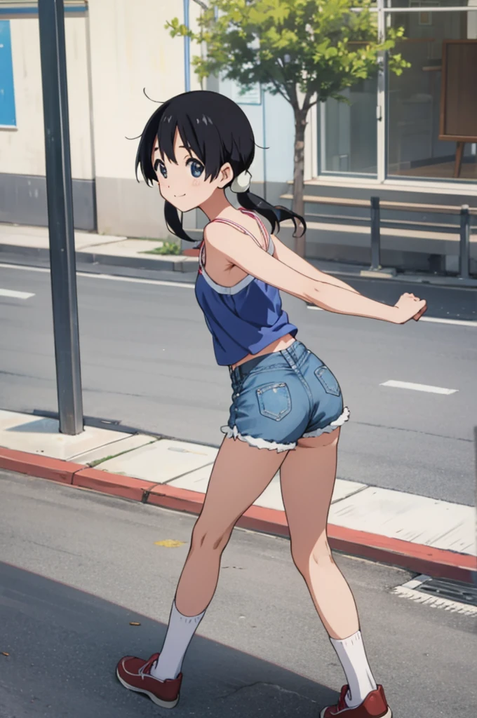  solo, 1girl, tamako kitashirakawa, , looking at viewer, smile, ,,outdoor,socks,camisole,denim shorts,ass,from back