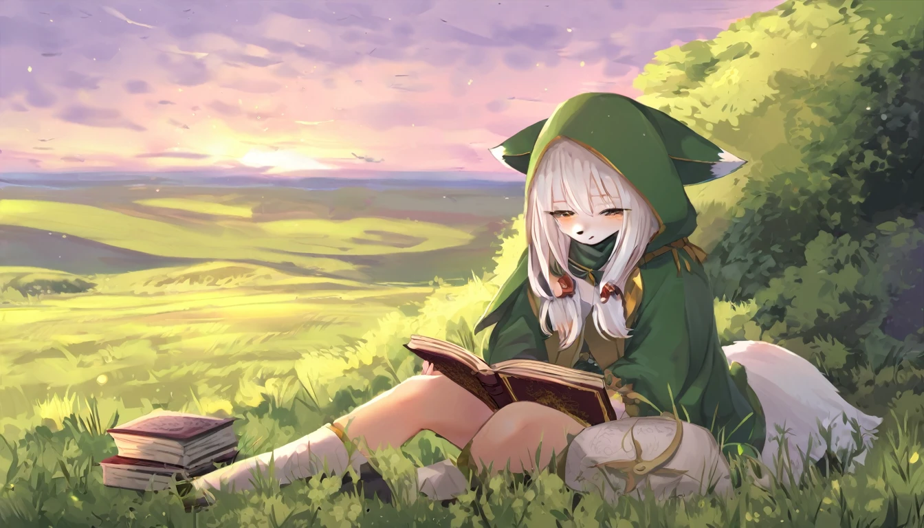 1girl, kemono, fox, furry, straight long white hair, green coat, (green hood down), animal hand, reading grimoire, sitting in the grassland, wind swept hair, twilight, looking at viewer