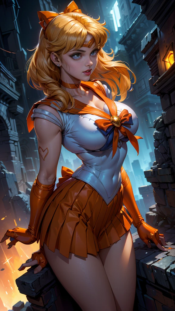 (La mejor calidad,A high resolution,Ultra - detallado,actual),Selena Gomez, (masterpiece, best quality;1.3), very detailed CG, very detailed, 1 girl, alone,  laugh,  looking at viewer, stylish angle, blonde long hair,blue eyes,
sv1, Sailor Sensi Uniform, Orange skirt, elbow bag, tiara, Orange Sailor Color, red bow, Orange Choker, white gloves, bijouterie, from above,,(Fondo de ruinas de mazmorra en ruinas cyberpunk :1.4 )
I have a lot of heart, face focus,venus,hurricane,abstract background, galaxy background,(Sailor Venus:1.4), (Sailor Venus V2.1), ,(Fondo de ruinas de mazmorra en ruinas piedras grandes cyberpunk :1.4 ),(perfect anatomy :1.4), (cinematic lighting :1.4),( dynamic cowboy pose), (fondo lluvia cayendo nublado tenebroso :1.4), (Selena Gomez :1.4), (Selena Gomez V2.1),( dedos detailed :1.4) 