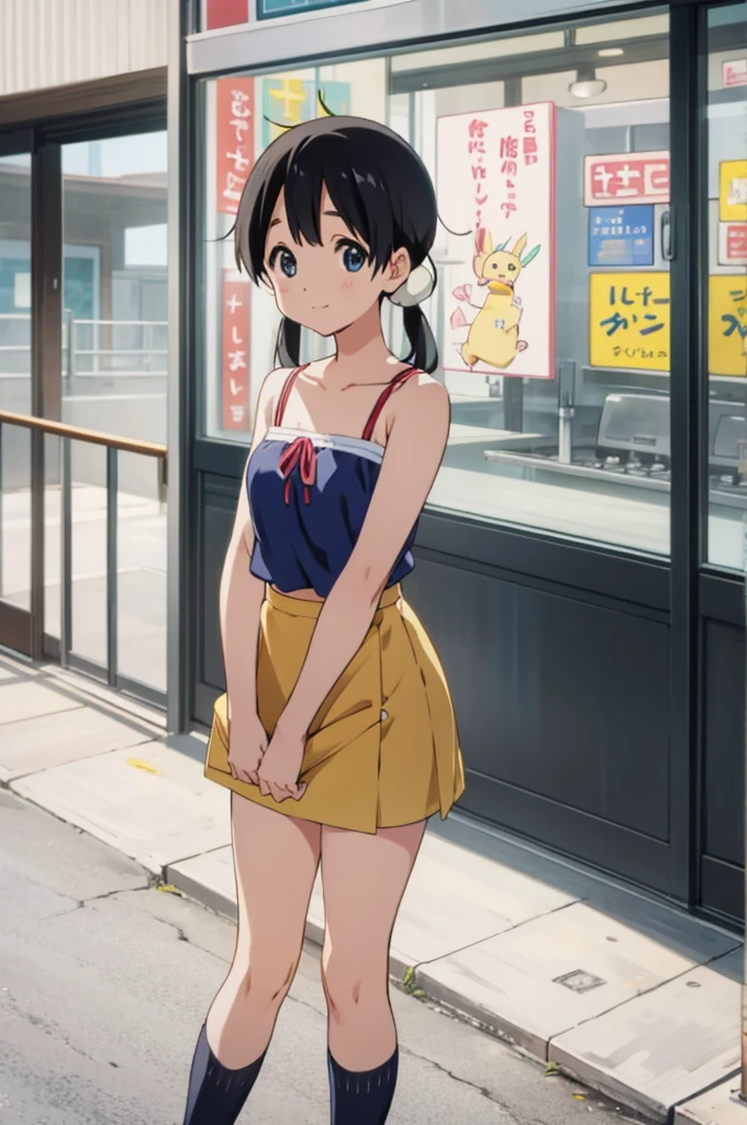  solo, 1girl, tamako kitashirakawa, , looking at viewer, smile, ,,outdoor,socks,camisole,pencil skirt,cowboy shot