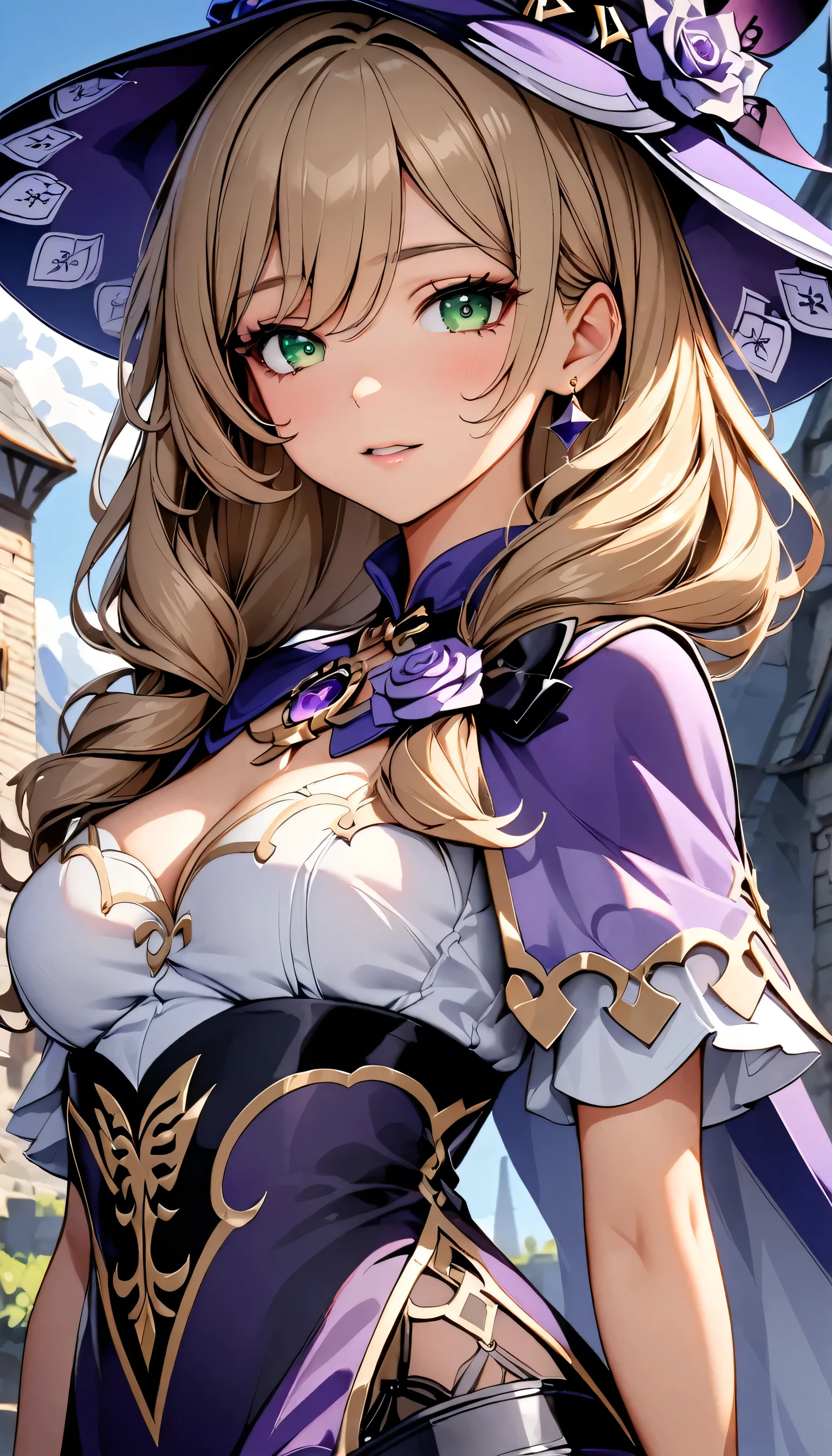 Beautiful girl, Perfect Face, Arms at your sides, masterpiece, Ultra-high resolution, high quality, 4K, Upper Body:1.5, Lisa (Genshin Impact), urple witch hat, Green Eyes, Brown Hair, bangs, dress, Rose, jewelry, witch, Capelet, Purple hat, Black gloves, Purple Flower, Hair between the eyes, purple Rose, Part your lips, purple Capelet, Hat Flower, multicolored dress, hair ornaments, windmill, From the side,