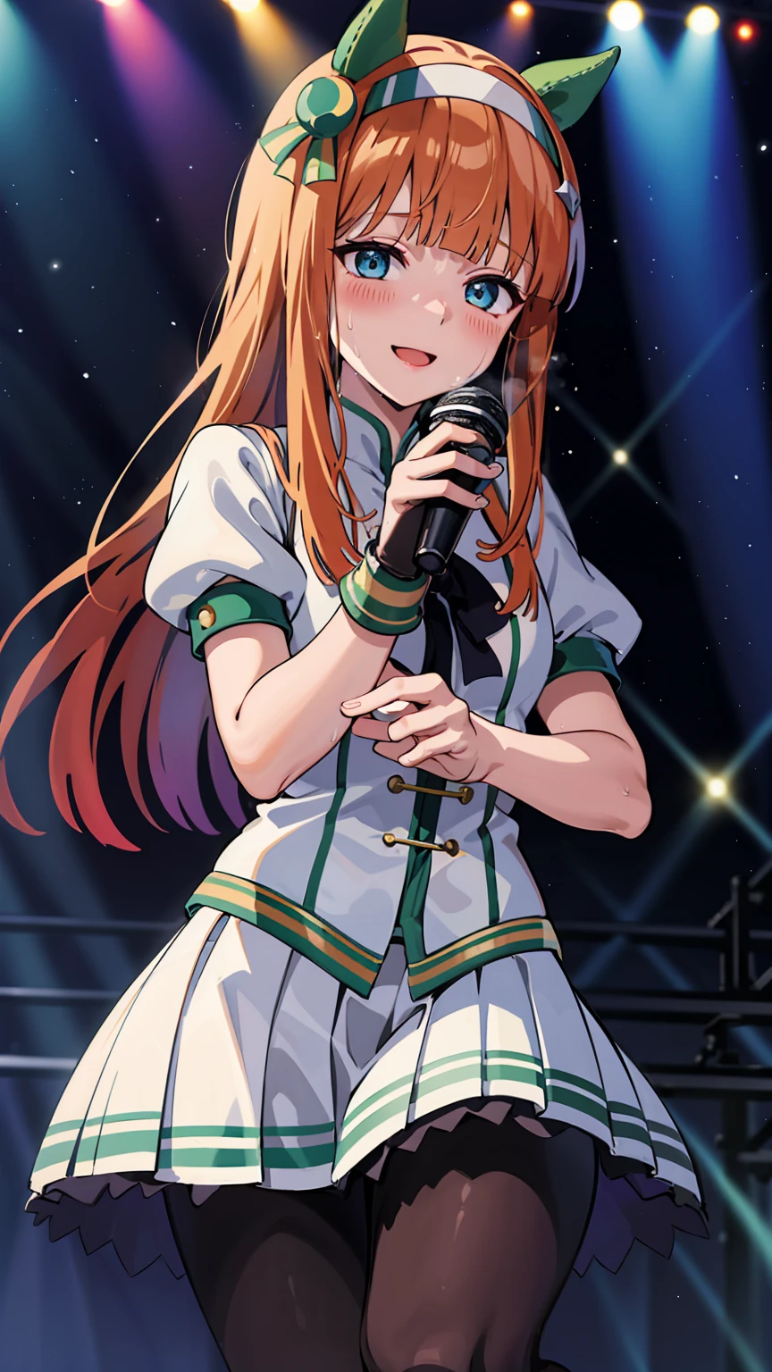 Holding a microphone in one hand、One hand is raised high、singing、A big smile、shout、intense dance、dance、足を上げてdance、Best image quality、High resolution、masterpiece、super high quality、Live Performance Venues、Large crowd、Many penlights、Sweaty、Very short pleated skirt、Heavy breathing、Blushing、4K quality、Black Pantyhose、Voluptuous thighs