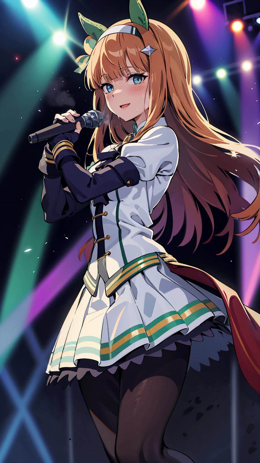 Holding a microphone in one hand、One hand is raised high、singing、A big smile、shout、intense dance、dance、足を上げてdance、Best image quality、High resolution、masterpiece、super high quality、Live Performance Venues、Large crowd、Many penlights、Sweaty、Very short pleated skirt、Heavy breathing、Blushing、4K quality、Black Pantyhose、Voluptuous thighs