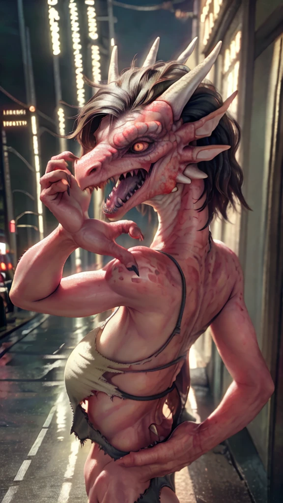 a beautiful girl with long brown hair, bra, panties, torn clothes, tattered clothes, human face, screaming in terror, standing on a street corner, (best quality,4k,8k,highres,masterpiece:1.2),ultra-detailed,(realistic,photorealistic,photo-realistic:1.37),award winning,transformation,magma dragon,dragon,intricate details,photorealistic,cinematic lighting,volumetric lighting,depth of field,beautiful face,striking pose,dynamic composition,vivid colors,warm tones