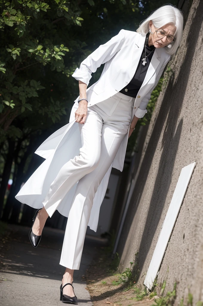 Slim and tall elderly woman, with white pants and white blouse. Demonic black eyes levitating above the ground.