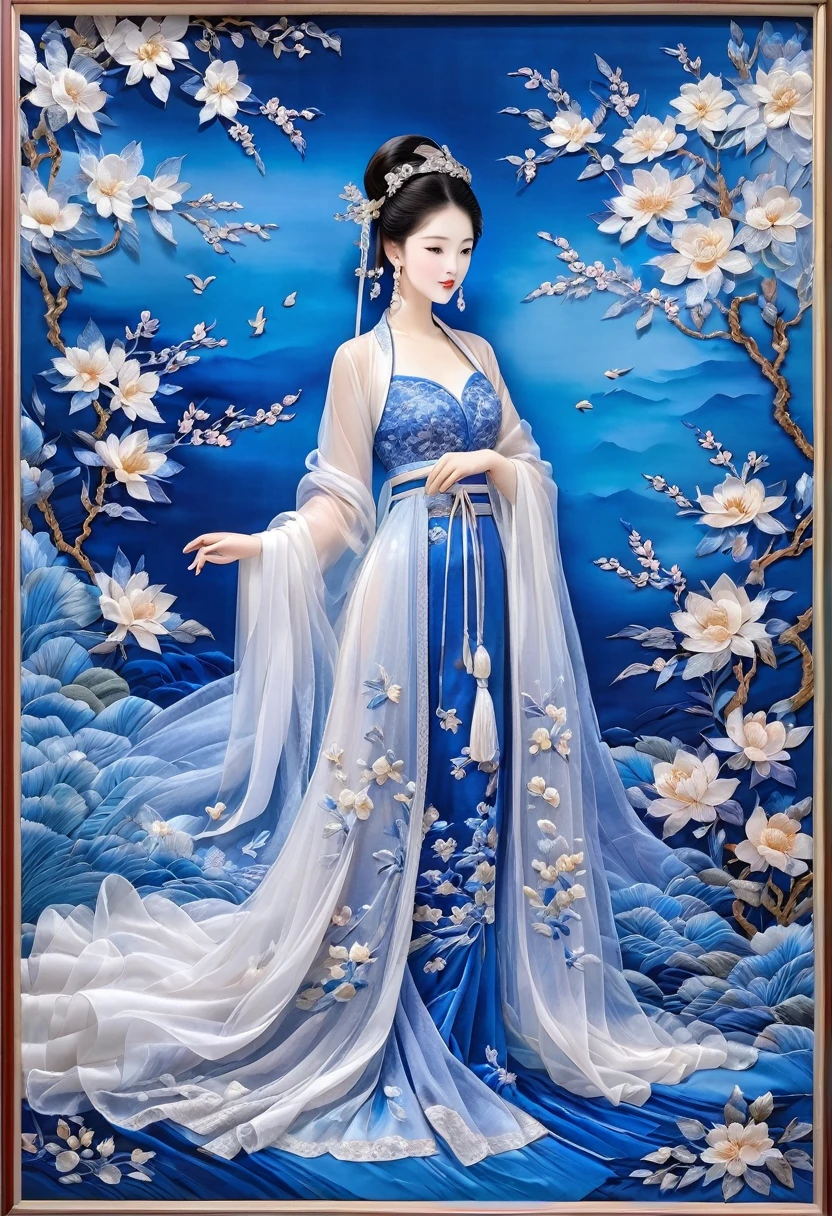 embroidery,Three-dimensional embroidery,(A picture of blue ornate Suzhou embroidery hangs on the wall),blue-white petals, Silk material embroidery, Inspired by Yao Jianping’s dream of Su embroidery works,translucent,abundant cleavage,painting on silk, alcohol ink art