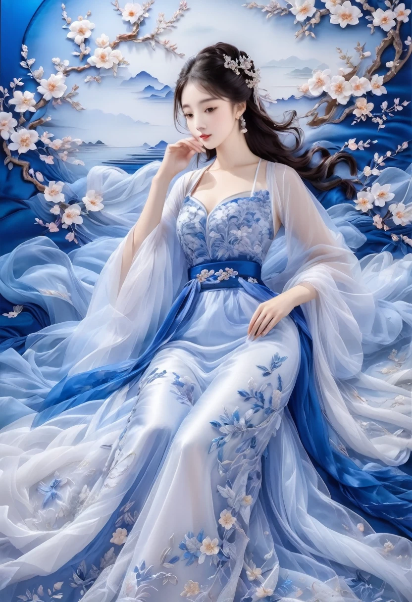 embroidery,Three-dimensional embroidery,(A picture of blue ornate Suzhou embroidery hangs on the wall),blue-white petals, Silk material embroidery, Inspired by Yao Jianping’s dream of Su embroidery works,translucent,abundant cleavage,painting on silk, alcohol ink art