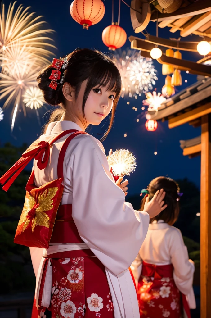 Japanese Summer Festivals、night、Shrine maiden、look back、firework