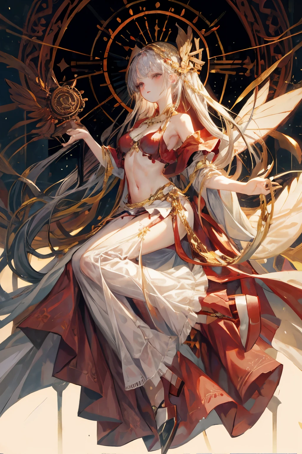  ((best quality)), ((masterpiece)), (detailed), 1girl, Character design, scholarly  female, scholar, female scholar, educator, teacher, fortune teller, palm reader, astrology, astrological symbolism, star reading, celestrial theme, heavens, heavens above, constellations, dynamic poses, long white grey hair, grey white eyes, very skinny, detailed, best quality, no accesoires around the neck, no shoes, prominent collarbones, skinny arms, flat stomach, visible hip bones, full body, blank white background, plain background, white background, red and white clothing, Bloodborne inspired, occult aesthetic, occult, detailed and intricate steampunk and detailed gothic, NSFW, Fluttering lace flared long knee length dress with frilly petticoats, knee length dress, pleated petticoats, petticoats gothic, complex lace boots, gothic aesthetic, wielding a mighty sword with mechanical components, mandalas, small breasts, a fairy, various different types of insect wings, beetle wings, NSFW, full body, whole body, body, chains, 