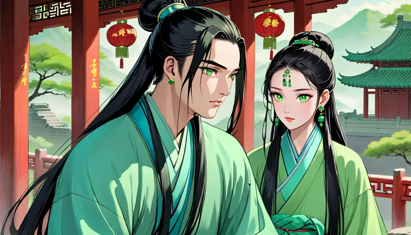 ung ancient Chinese man named John, with a round face, fair complexion, black eyes, hairstyle: long hair (combed into a bun), wearing a light sky blue traditional Chinese scholar robe, 1 yoancient Chinese man named Eva Woman, oval face, fair complexion, green eyes, wavy long black hair, earrings: green earrings, wearing green traditional Chinese clothing, decoration: green necklace, green bracelet, looking anxious, discussing strategies