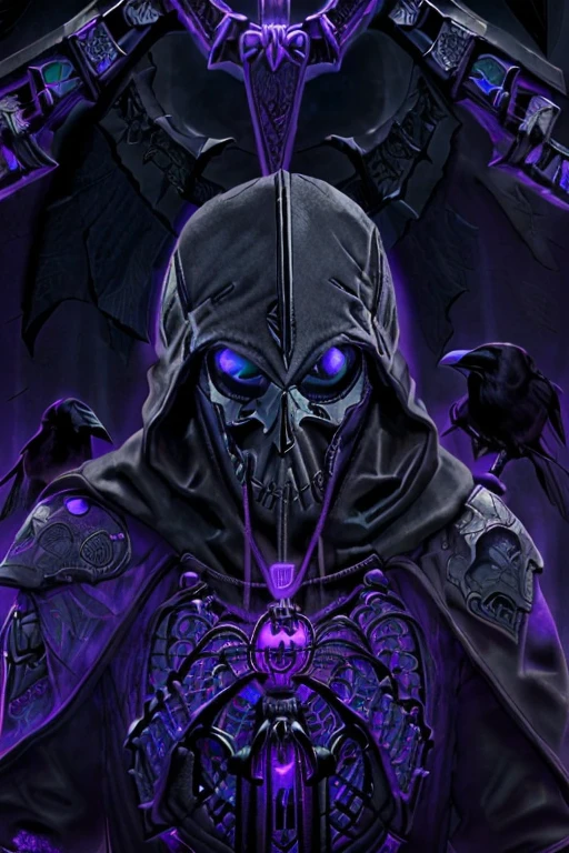 ((playing with a raven:1.4)).((dynamic:1.3)).skeleton with purple lights in eye sockets.(realistic illustration:1.3),((dark fantasy:1.4)).((male:1.4)) ((black skull face:1.4)), ((Hooded)) (shadow) ((wraith)) in ((heavy obsidian armor)), tall, imposing, (glowing violet eyes:1.2), ((cross pendant:1.4)). brandishing black ((great sword)) in purple flames. masterpiece