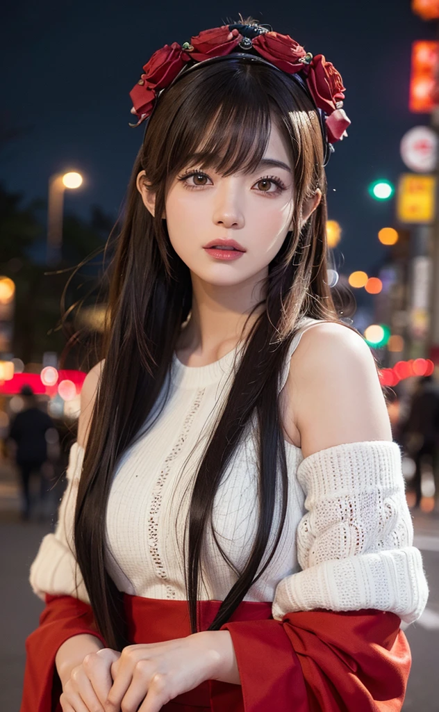 1girl, Tokyo street,night, cityscape,city lights, upper body,close-up, 8k, RAW photo, best quality, masterpiece,realistic, photo-realistic,headgear of red rose, parted bangs, long hair,