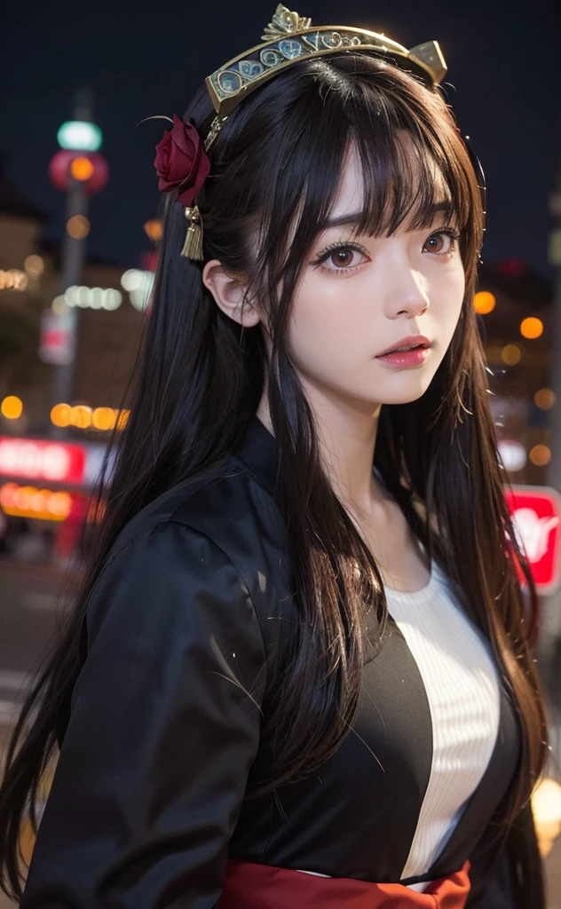 1girl, Tokyo street,night, cityscape,city lights, upper body,close-up, 8k, RAW photo, best quality, masterpiece,realistic, photo-realistic,headgear of red rose, parted bangs, long hair,
