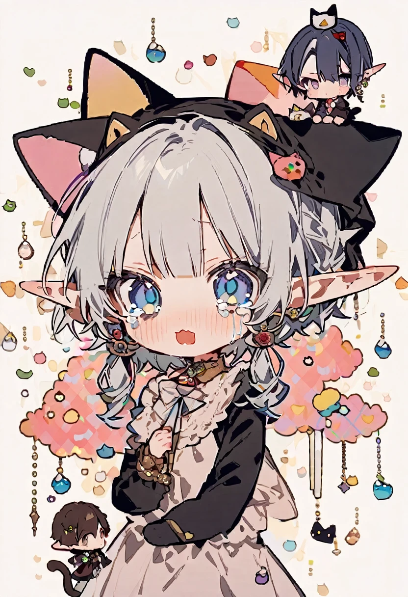 masterpiece, Highest quality, Illustration of the novel, High resolution, 18+ Adult content, Sensual, Intimate, Emotional, Passionate, romantic, sweet, Adorable, Innocent, Pure, Charmな, Charmな, Charm, mysterious, Charmな, Charmな, Immersive, Charmな, dream-like, Surreal, Imaginative, Whimsical, Artistic, Avant-garde, timeless, elegant, Sophisticated, chic, Sophisticated, personality, original, Charmな,((Loli Elf:1.3)),((Beautiful Tears))、Upper Body、(Little)、 ((chibi,Cute Lori:1.3)),nsfw, ((Cat costume:1.3)),