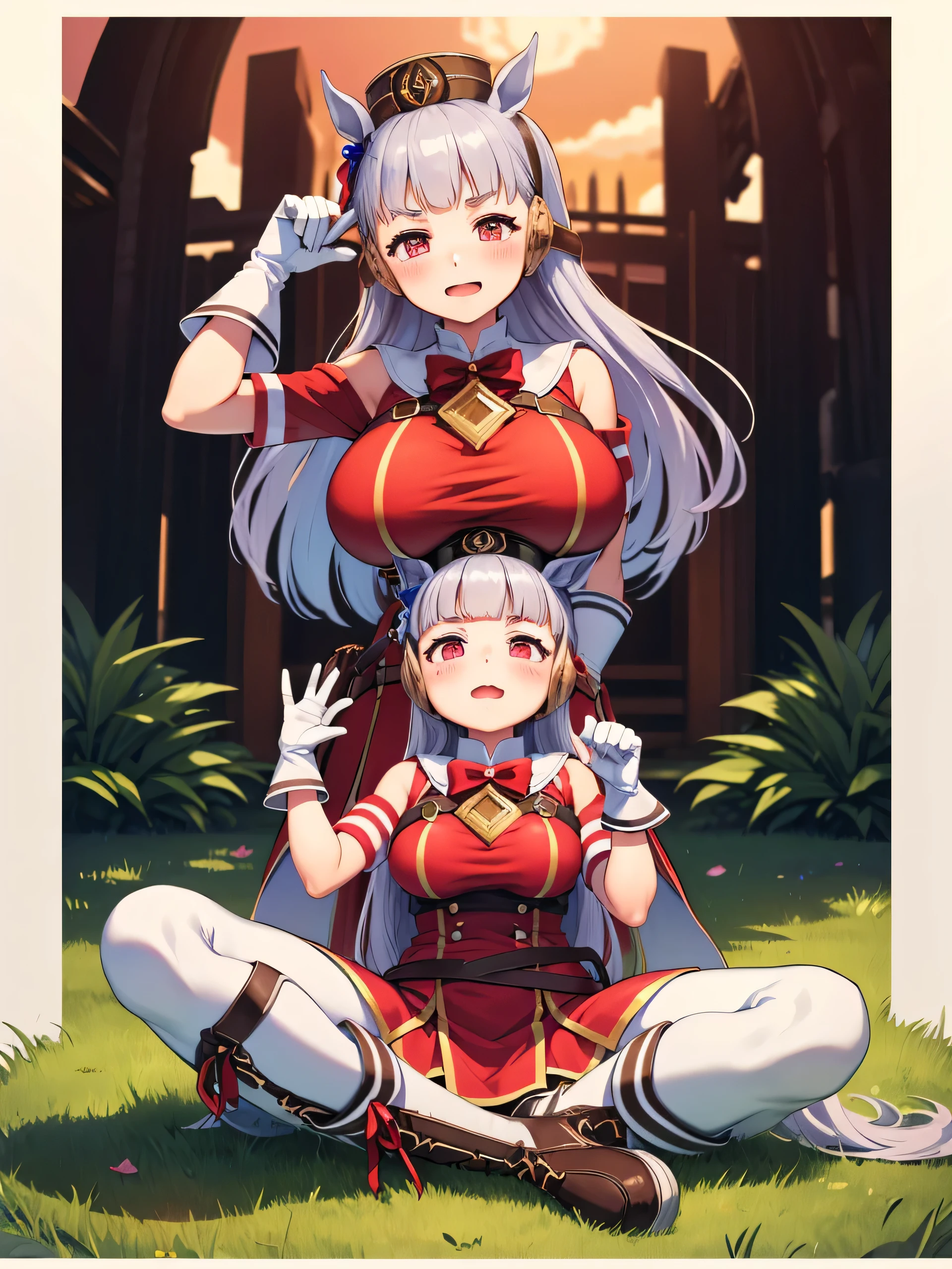 (masterpiece, Highest quality:1.2), alone, One girl, umpd gold ship, pillbox hat,Red dress,No sleeve, White Pantyhose, White gloves、boots, Horse tail,、grassland、Nature、blush、LOL、Wow smile、summer、Sunset、(Huge breasts:1.2)、Nipples are visible、Clothes are see-through、Cute pose、Spread your legs、Pantyhose bite、See-through pussy、、Kindergarteners、、、、の小さな体