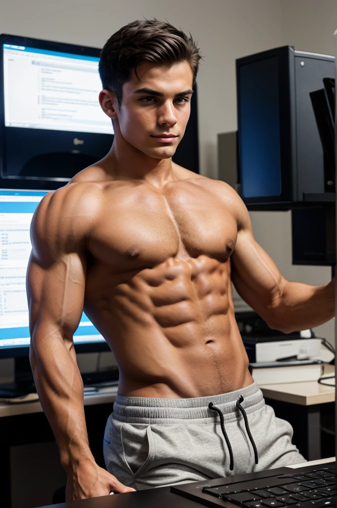 Muscular arms boy working on computer 