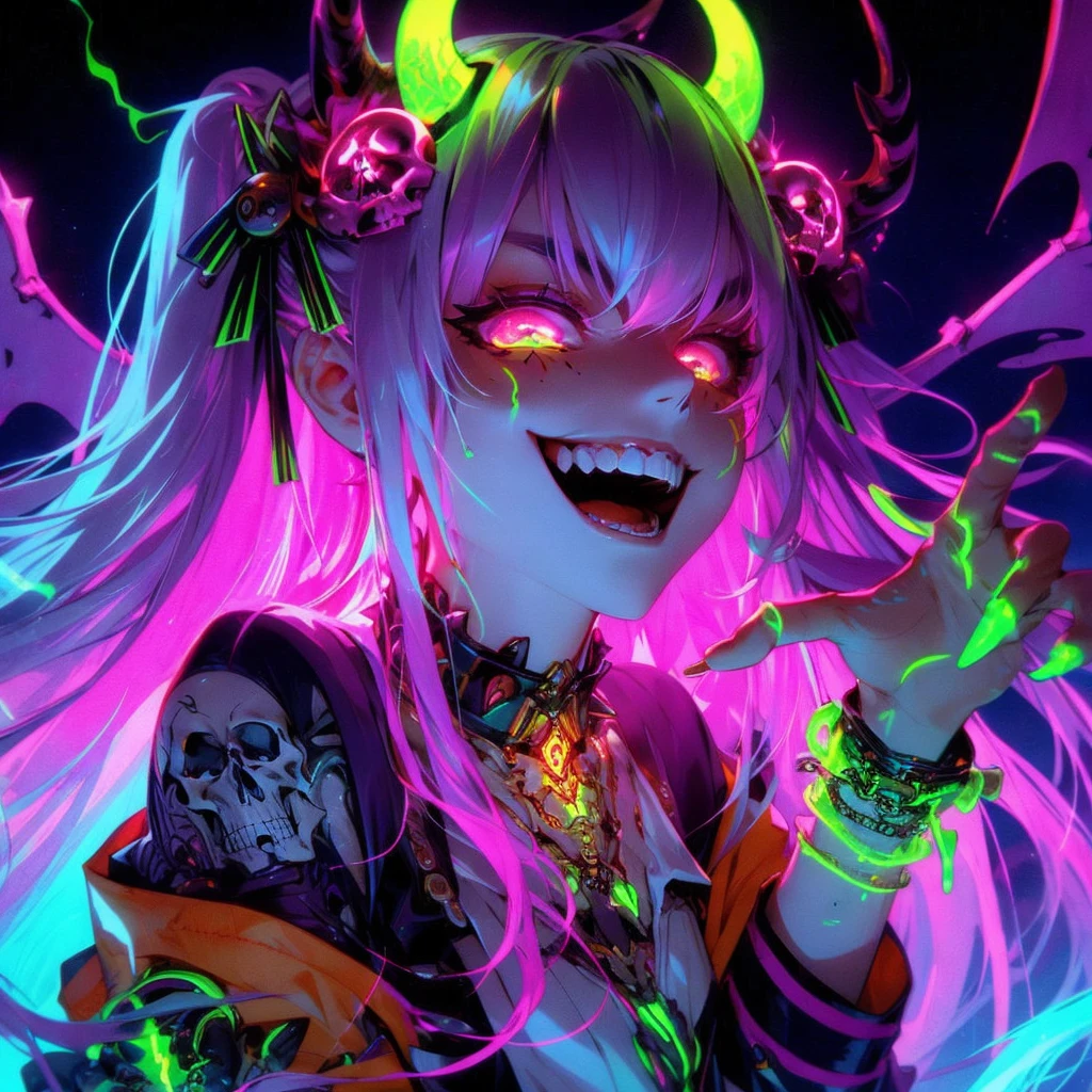 Unripe: 1.5, orange: 1.1, offwhite: 1.3, yellow: 1.3, (Kizi), skull tattoos, armor of terror, clothes skeleton, splash of colors in the background, garments