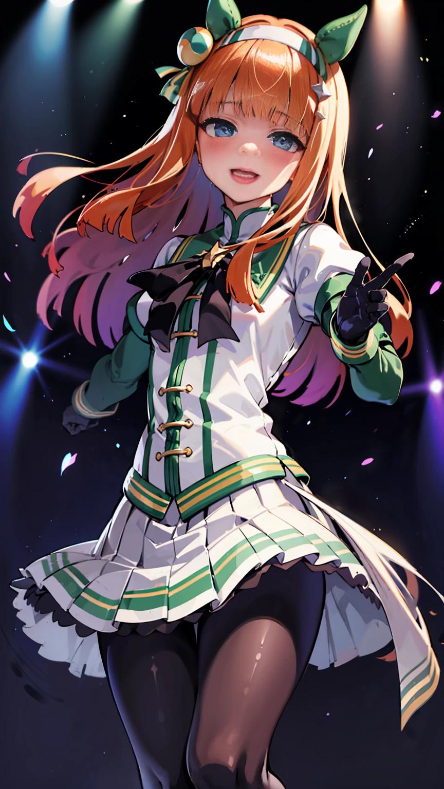 Holding a microphone in one hand、Big Jump、singing、A big smile、shout、intense dance、dance、足を上げてdance、Best image quality、High resolution、masterpiece、super high quality、Live Performance Venues、Large crowd、Many penlights、Sweaty、Very short pleated skirt、Heavy breathing、Blushing、4K quality、Black Pantyhose、Voluptuous thighs