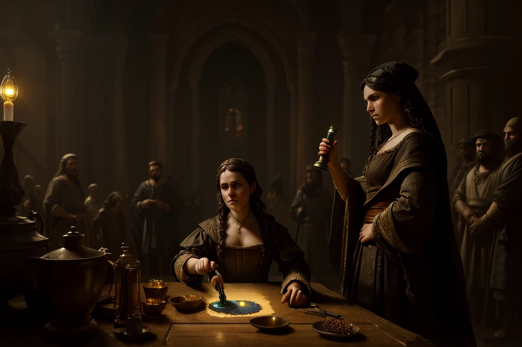 (Sarepta widow:1.2), (pouring oil:1.3), (cruse of oil), (prophet watching:1.2), (dramatic lighting), (biblical scene:1.2), (historical accuracy), (detailed clothing), (Greg Rutkowski style), (Rembrandt style), (high detail), (sharp focus), trending on ArtStation