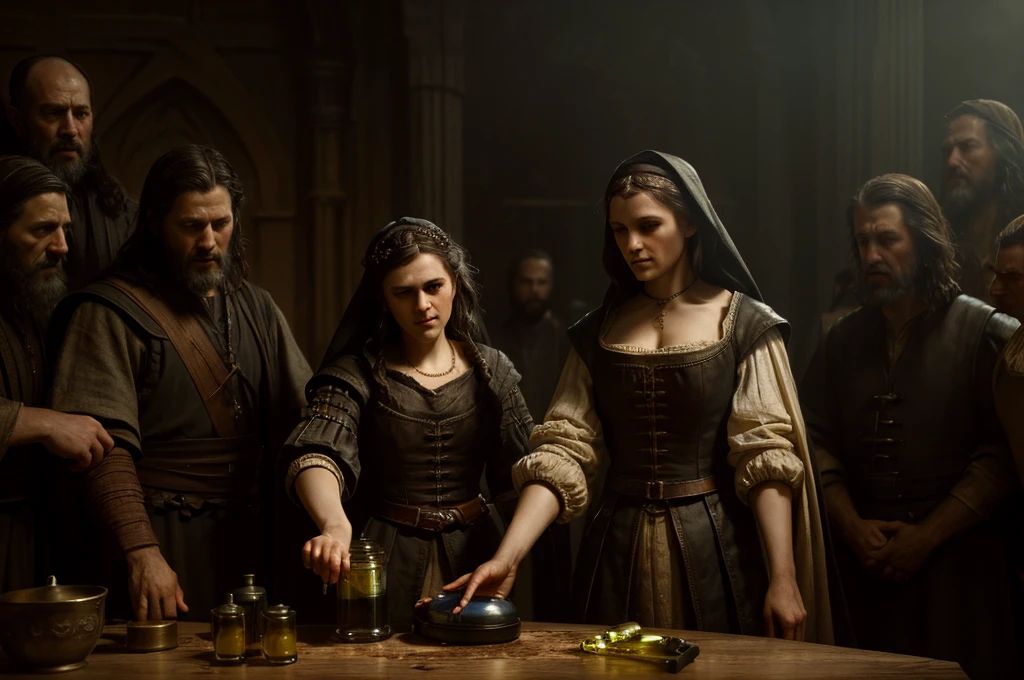 (Sarepta widow:1.2), (pouring oil:1.3), (cruse of oil), (prophet watching:1.2), (dramatic lighting), (biblical scene:1.2), (historical accuracy), (detailed clothing), (Greg Rutkowski style), (Rembrandt style), (high detail), (sharp focus), trending on ArtStation