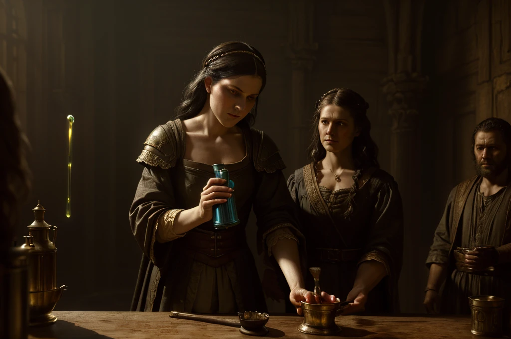 (Sarepta widow:1.2), (pouring oil:1.3), (cruse of oil), (prophet watching:1.2), (dramatic lighting), (biblical scene:1.2), (historical accuracy), (detailed clothing), (Greg Rutkowski style), (Rembrandt style), (high detail), (sharp focus), trending on ArtStation