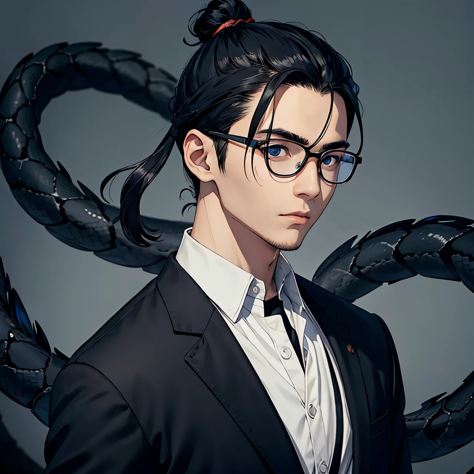 male、1 person、Black-haired young man、Glasses、Underexposed eyes、Lots of black snakean bun hair