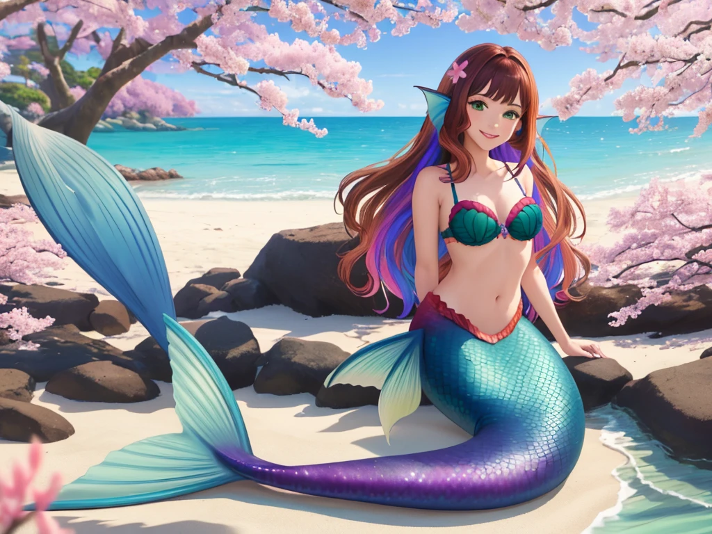 masterpiece, best quality:1.2), 1girl, smile, looking at viewer, green eyes, short brown multicolored hair, mermaid, mermaid girl, wearing purple seashell bra, laying on beach, colorful mermaid tail, outdoors, head fins, fin ears, under cherry blossoms