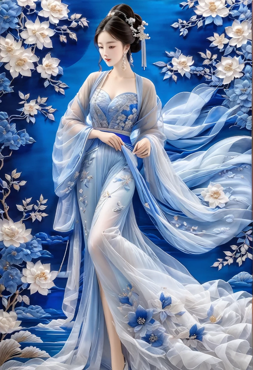 embroidery,Three-dimensional embroidery,(A picture of blue ornate Suzhou embroidery hangs on the wall),blue-white petals, Silk material embroidery, Inspired by Yao Jianping’s dream of Su embroidery works,translucent,abundant cleavage,painting on silk, alcohol ink art