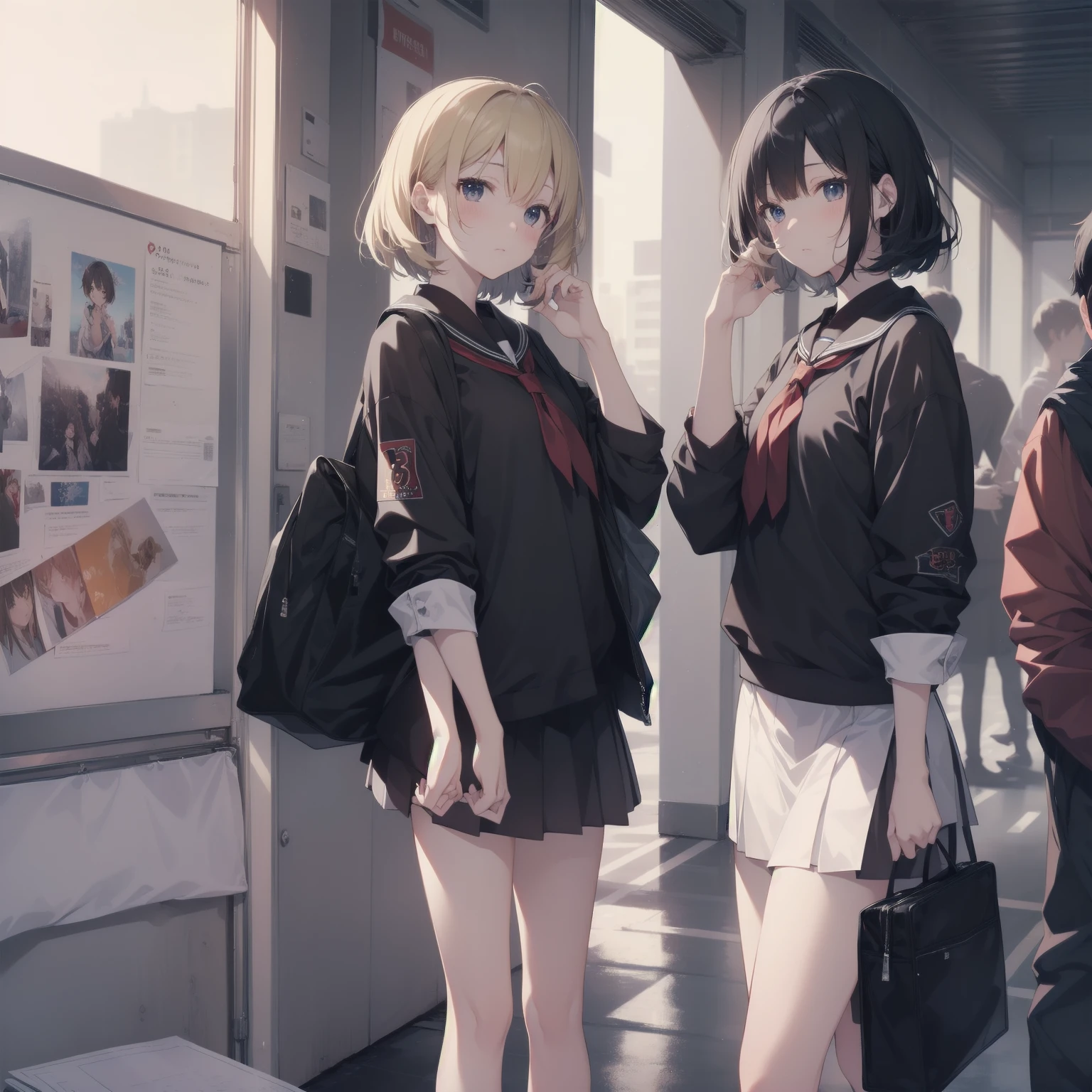 ultra-absurdres-Top quality by artist God, ultra-detailed, high resolution, anime moe artstyle, best anime 8k konachan wallpaper, pixiv contest winner, pool:2810, perfect anatomy,break, 1girl, (Please draw a girl walking sleepily to school alone. )break,(Solo,little female, 13-year-old:1.3),Full limbs, complete fingers,a junior high school student, (very short hair), short cut, flat chest, , small butt, small black eyes, beautiful detailed eyes, well-proportioned iris and pupils, expressive eyes, highres detailed hair, soft expression, salor school_uniform, sailor collar, serahuku, bow, pleated skirt,(Detailed Lighting), (Detailed background), in the School commute route. break,super detailed skin, Best cinematic lighting powered by famous artist, 8k,beauty illustration,photoshop_(medium),very aesthetic,break,((artist:wa_(genryusui) )), artist:clamp ,artist:carnelian ,artist:kantoku ,