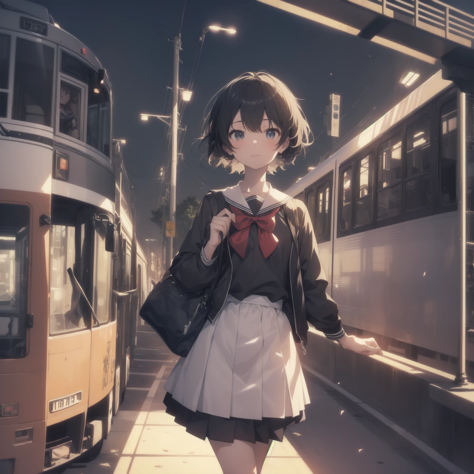 ultra-absurdres-Top quality by artist God, ultra-detailed, high resolution, anime moe artstyle, best anime 8k konachan wallpaper, pixiv contest winner, pool:2810, perfect ???????,break, 1girl, (Please draw a girl walking sleepily to school alone. )break,(Solo,little female, 13-year-old:1.3),Full limbs, complete fingers,a junior high school student, (very short hair), short cut, flat chest, , small butt, small black eyes, beautiful detailed eyes, well-proportioned iris and pupils, expressive eyes, highres detailed hair, soft expression, salor school_uniform, sailor collar, serahuku, bow, pleated skirt,(Detailed Lighting), (Detailed background), in the School commute route. break,super detailed skin, Best cinematic lighting powered by famous artist, 8k,beauty illustration,photoshop_(medium),very aesthetic,break,((artist:wa_(genryusui) )), artist:clamp ,artist:carnelian ,artist:kantoku ,
